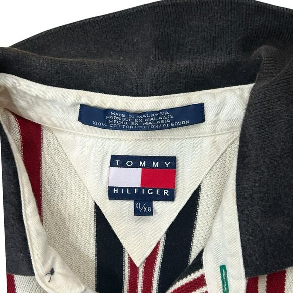 Vintage 1990s Tommy Hilfiger Red Striped Polo Shirt Preppy Style / Mens XL - - Picture 4 of 4